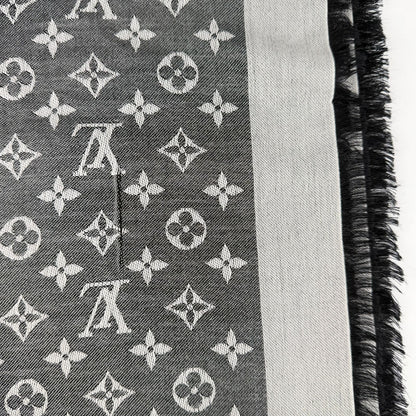 Louis Vuitton Monogram Shaw Silk Black Gray Vintage Scarf — view 8