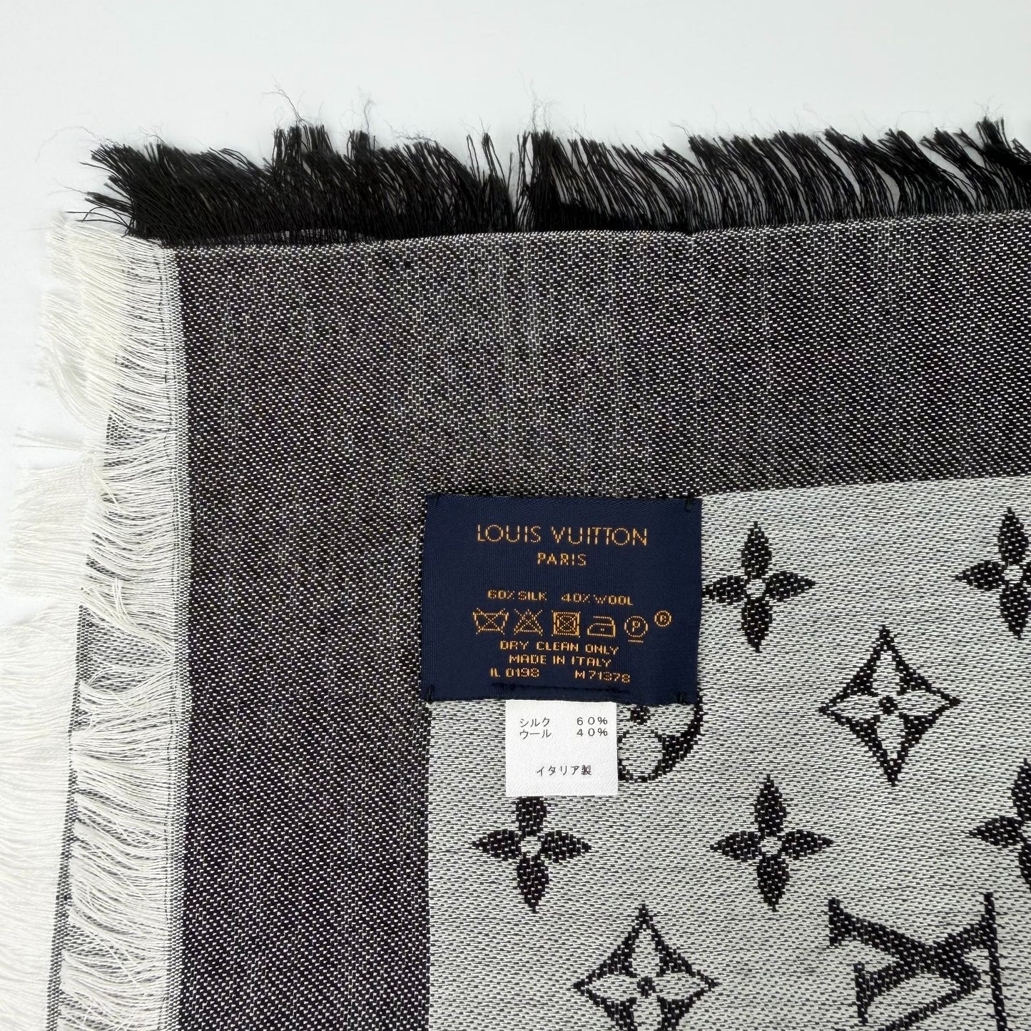Louis Vuitton Monogram Shaw Silk Black Gray Vintage Scarf — view 9
