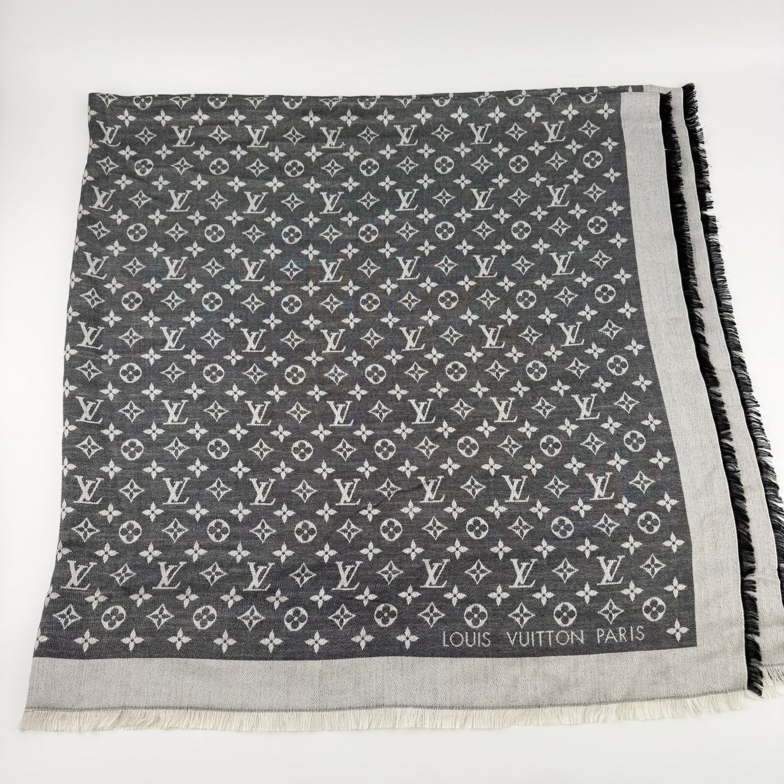 Louis Vuitton Monogram Shaw Silk Black Gray Vintage Scarf — view 3