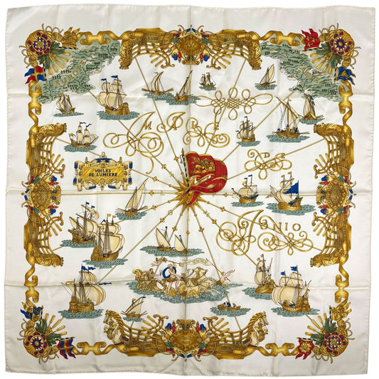 Hermes Carre 90 Voiles Lumiere Scarf Silk White Multicolor