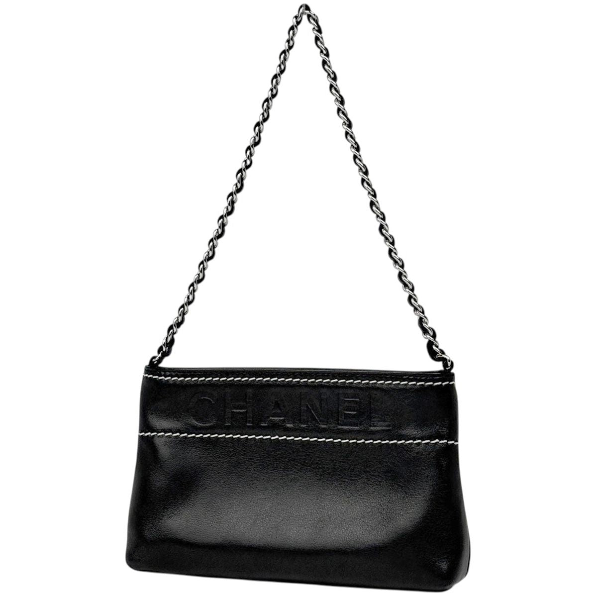 Chanel Logo Che Handbag Pouch Leather Black