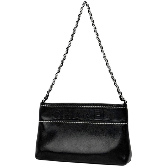Chanel Logo Che Handbag Pouch Leather Black