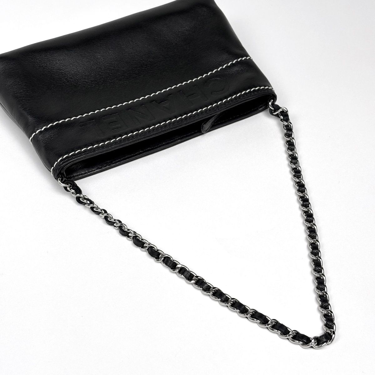 Chanel Logo Che Handbag Pouch Leather Black — view 6