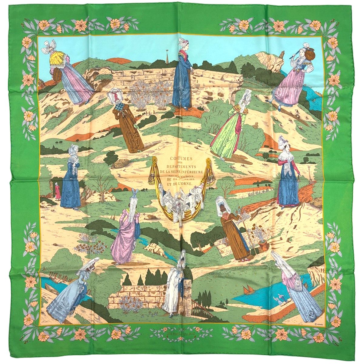 Hermes Carre 90 Costumes Des Departements Scarf Silk Green Multicolor