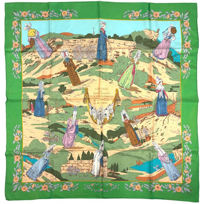 Hermes Carre 90 Costumes Des Departements Scarf Silk Green Multicolor