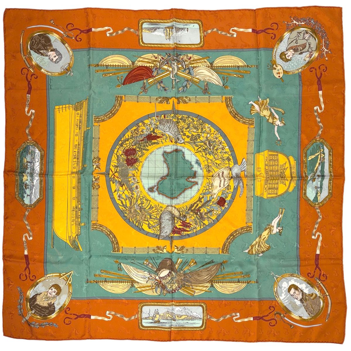 Hermes Carre 90 Geographe Scarf Silk Orange Multicolor