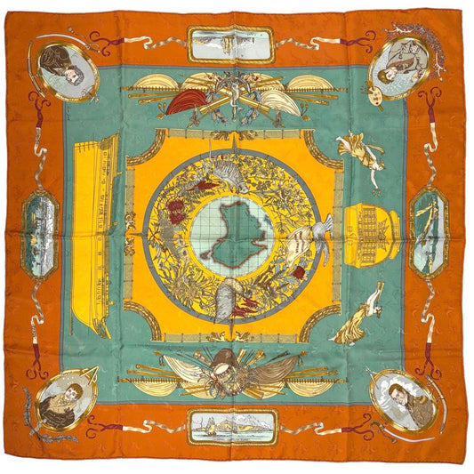 Hermes Carre 90 Geographe Scarf Silk Orange Multicolor