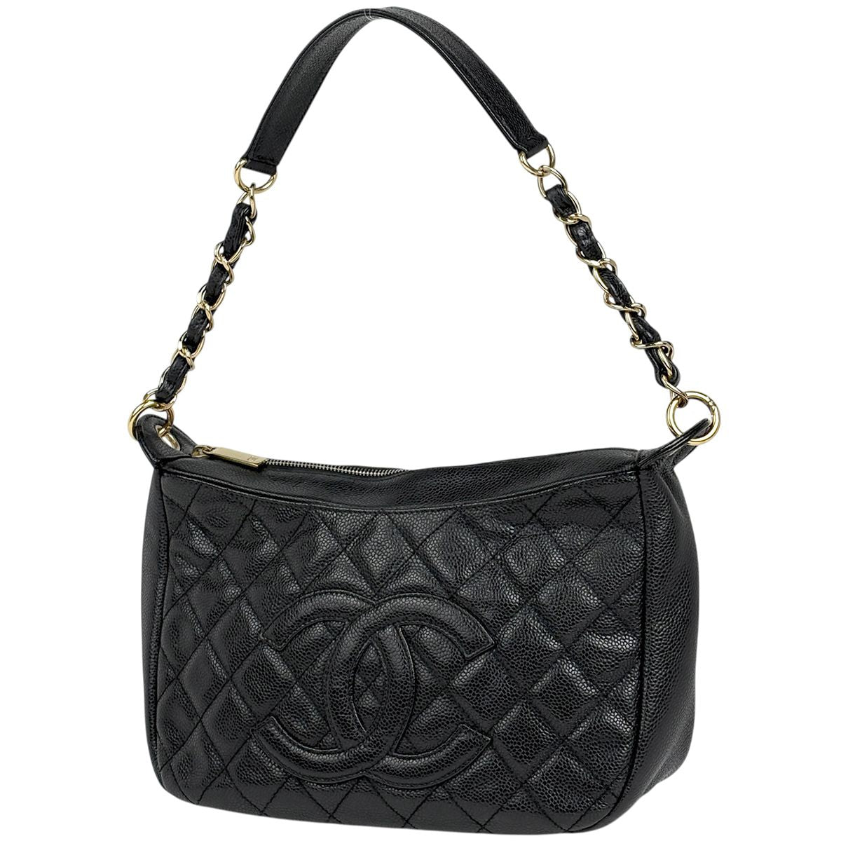 Chanel CC Logo Chain Shoulder Bag Quilted Caviar Leather Black