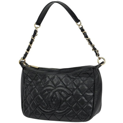 Chanel CC Logo Chain Shoulder Bag Quilted Caviar Leather Black