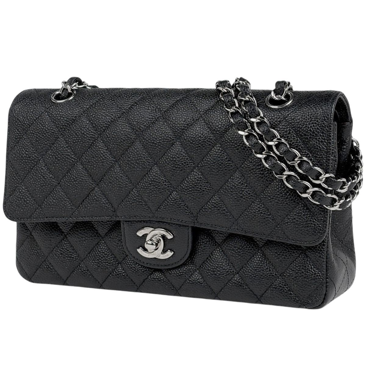 Chanel Quilted Double Flap Chain Shoulder Bag CC Logo Caviar Leather Black