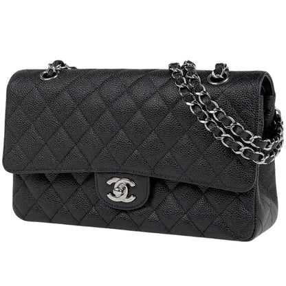 Chanel Quilted Double Flap Chain Shoulder Bag CC Logo Caviar Leather Black