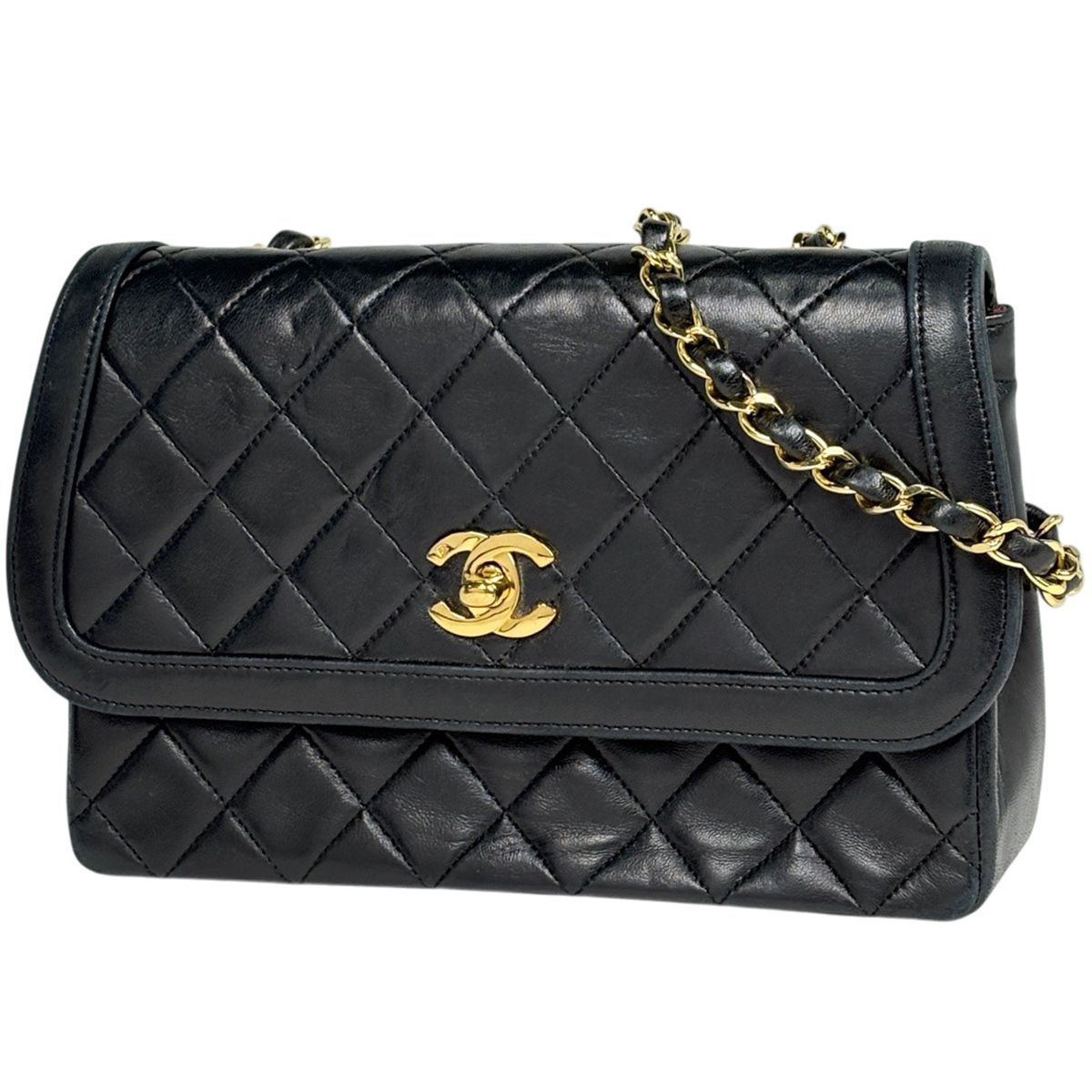 Chanel CC Logo Chain Shoulder Bag Quilted Leather Black