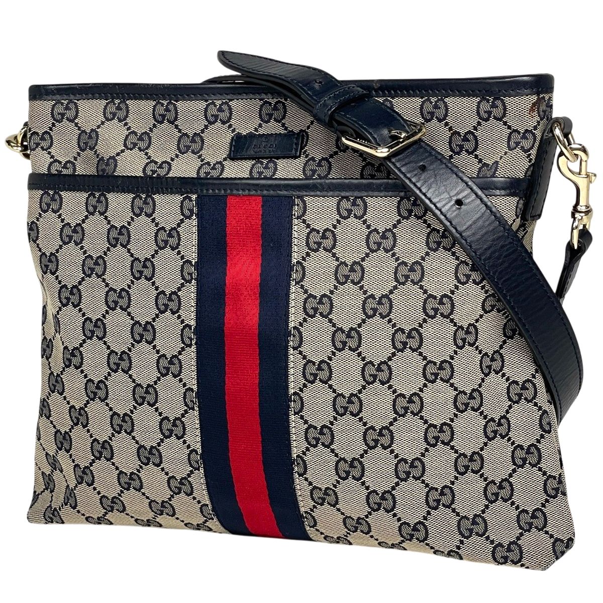 Gucci GG Pattern Shoulder Bag Sherry Line Canvas Navy Beige