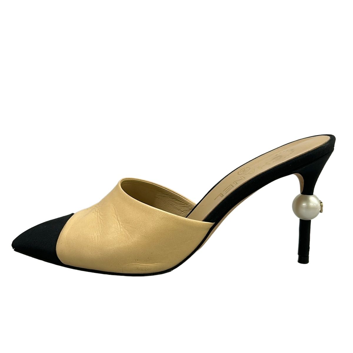 Chanel Mules 36.5 Beige Black Pearl CC Logo Leather
