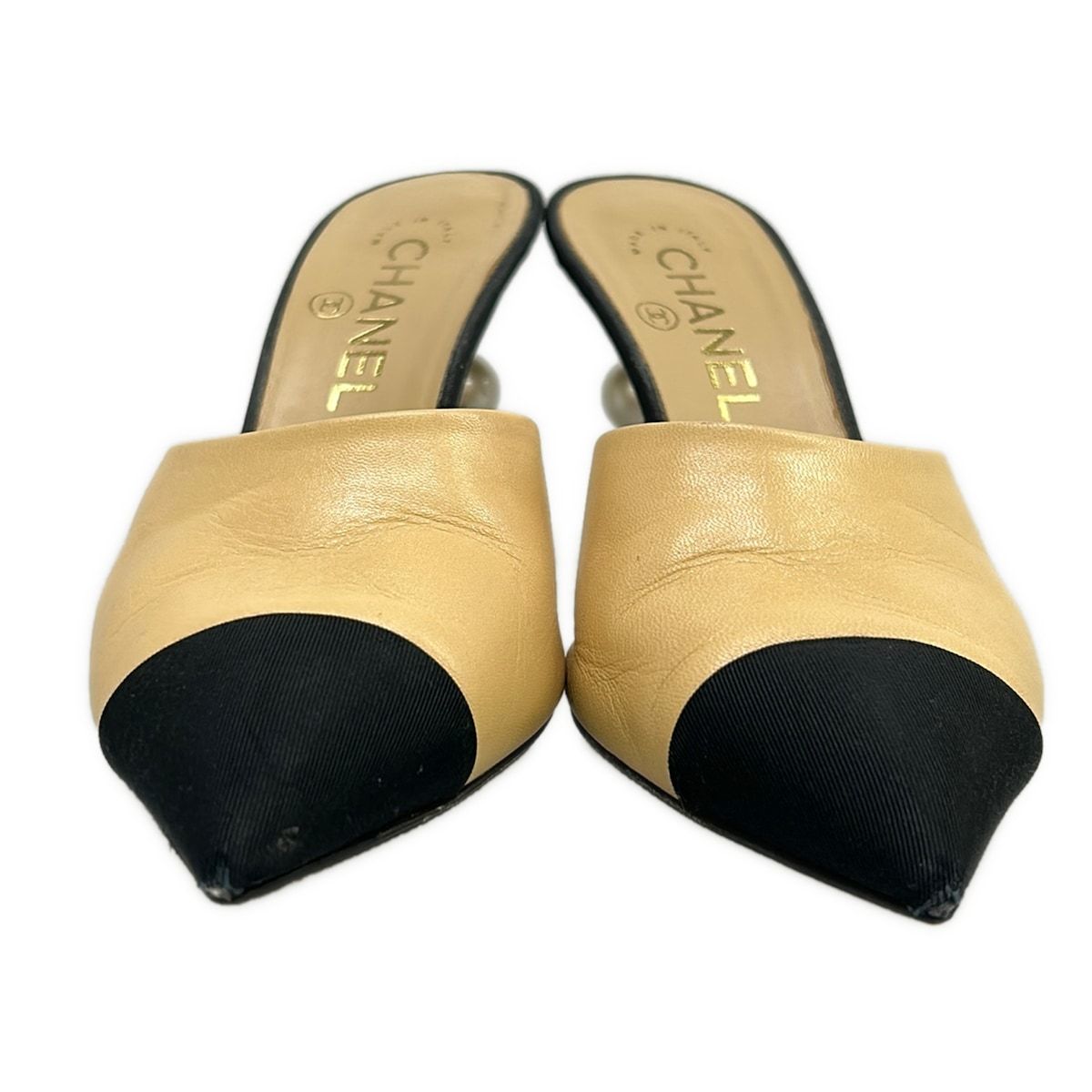 Chanel Mules 36.5 Beige Black Pearl CC Logo Leather — view 5
