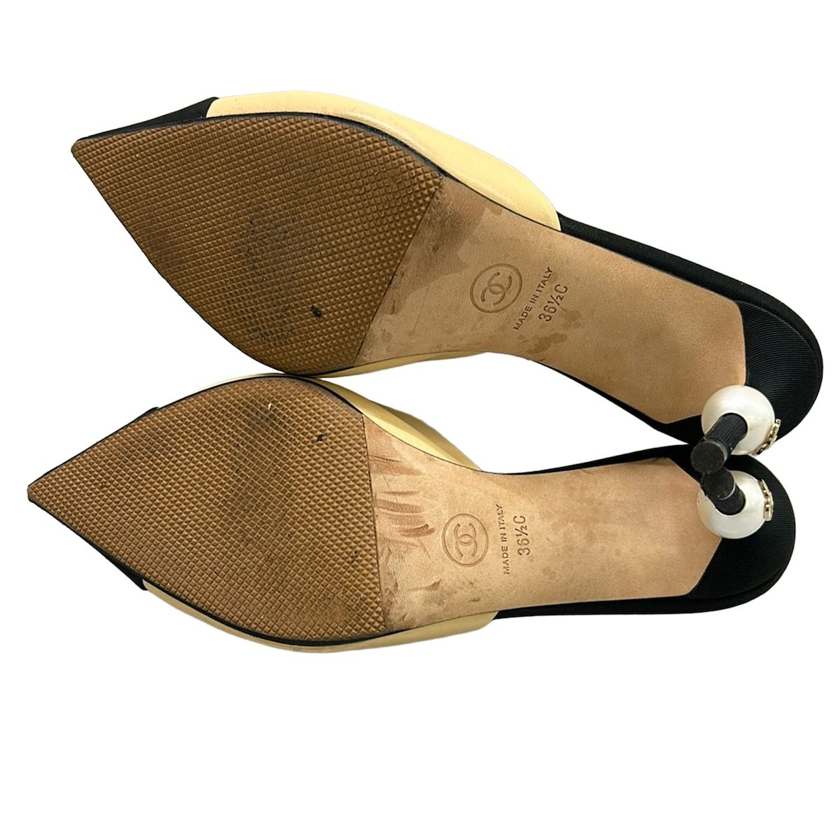 Chanel Mules 36.5 Beige Black Pearl CC Logo Leather — view 8