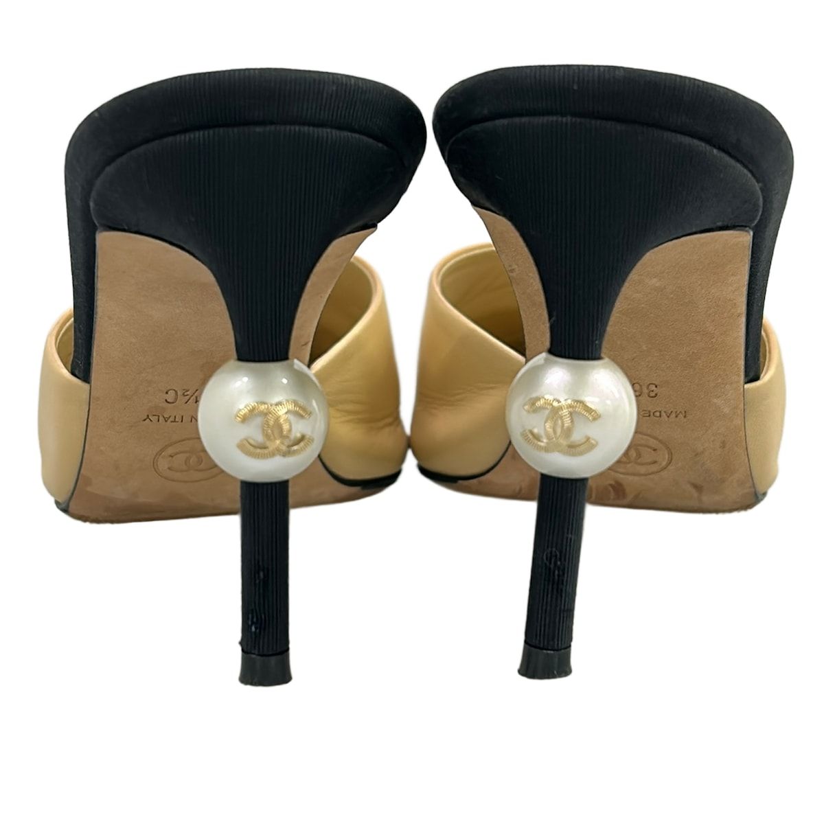 Chanel Mules 36.5 Beige Black Pearl CC Logo Leather — view 6