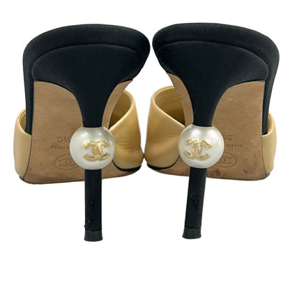 Chanel Mules 36.5 Beige Black Pearl CC Logo Leather — view 6