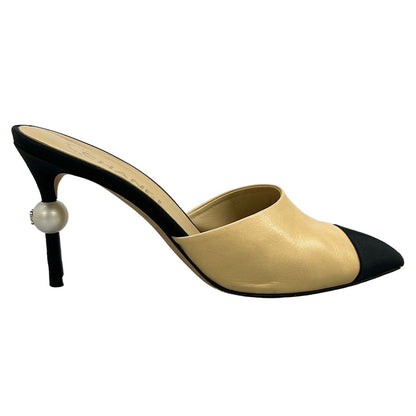 Chanel Mules 36.5 Beige Black Pearl CC Logo Leather — view 4