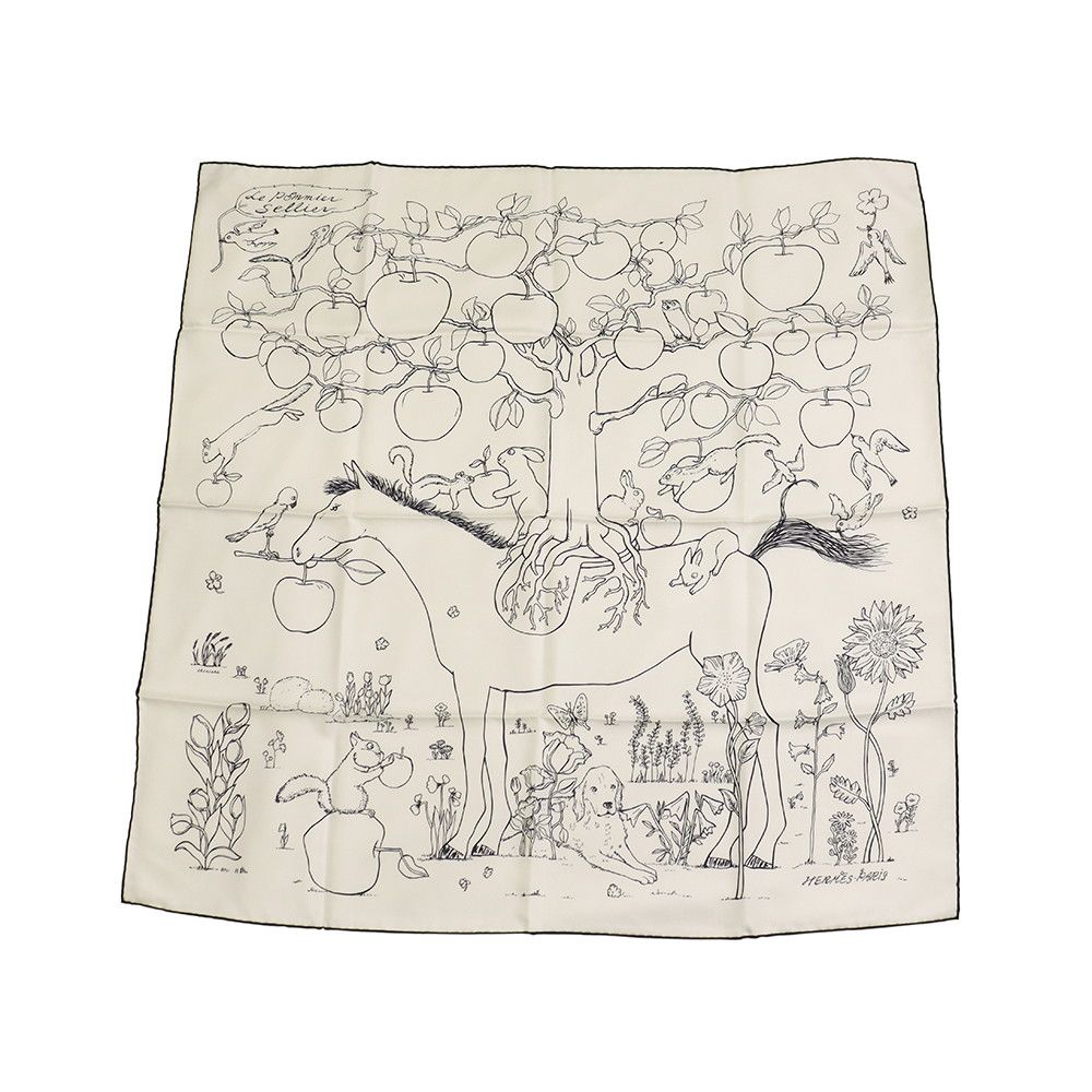 Hermes Scarf Carre 90 Pommier Sellier Silk White Black