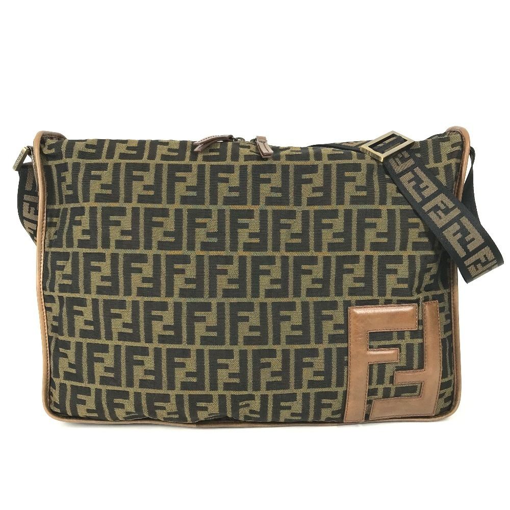 Fendi Shoulder Bag Zucca Logo Leather Canvas Khaki
