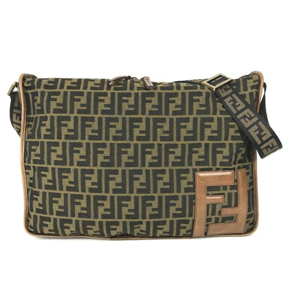Fendi Shoulder Bag Zucca Logo Leather Canvas Khaki