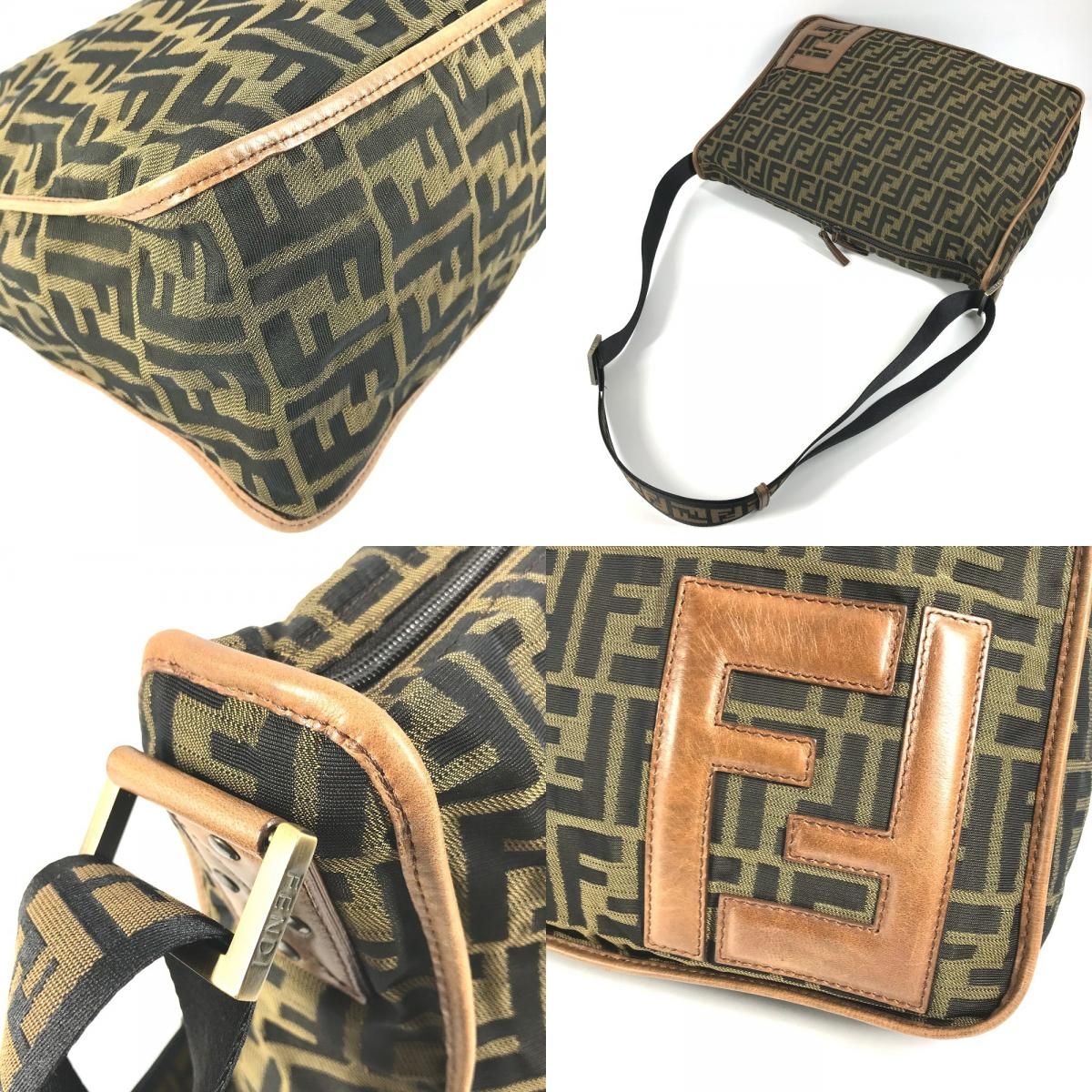 Fendi Shoulder Bag Zucca Logo Leather Canvas Khaki — view 7
