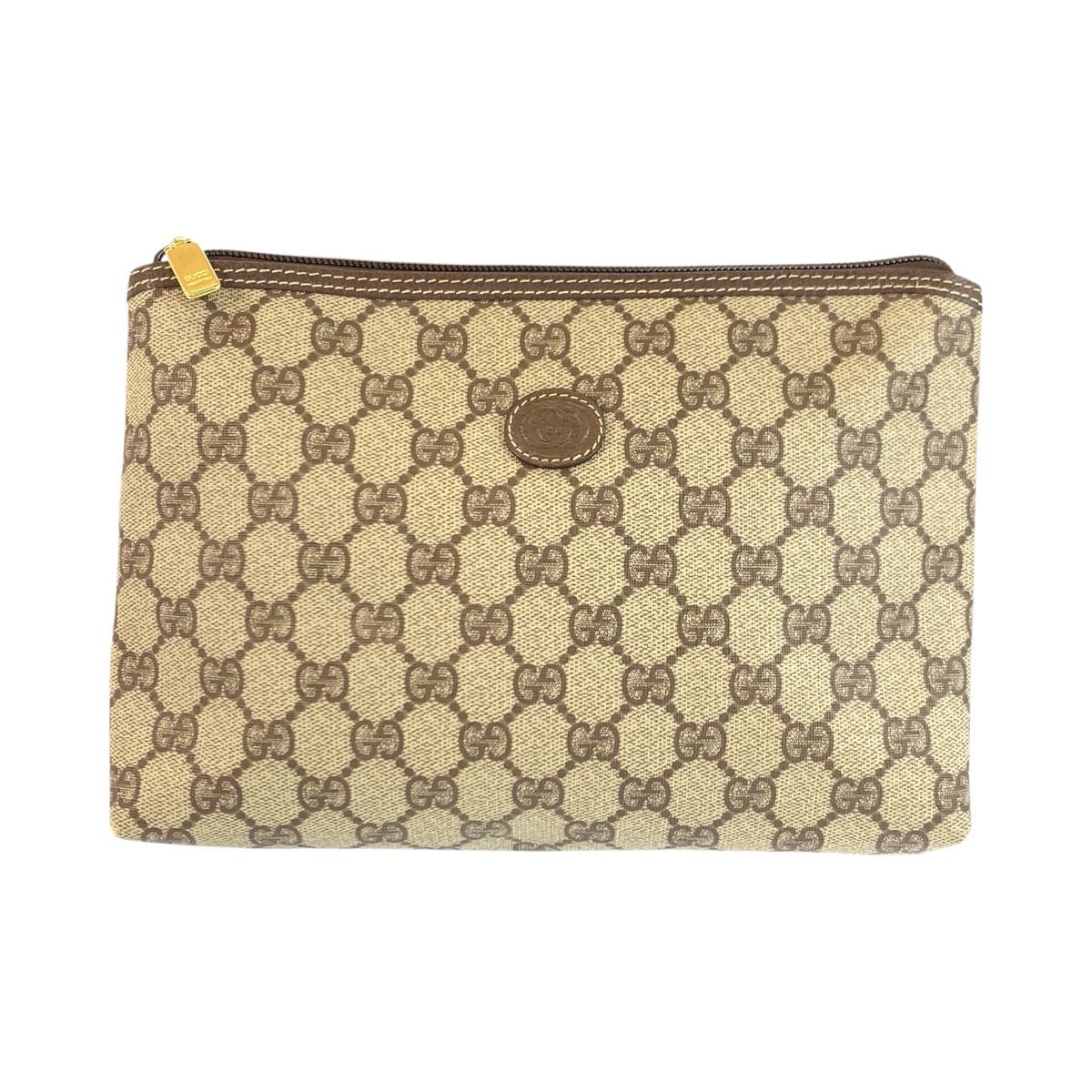 Gucci Beige Brown GG Supreme Canvas Leather Clutch