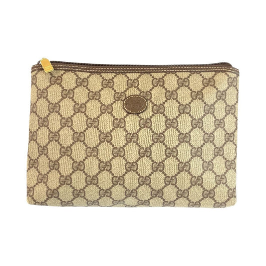 Gucci Beige Brown GG Supreme Canvas Leather Clutch