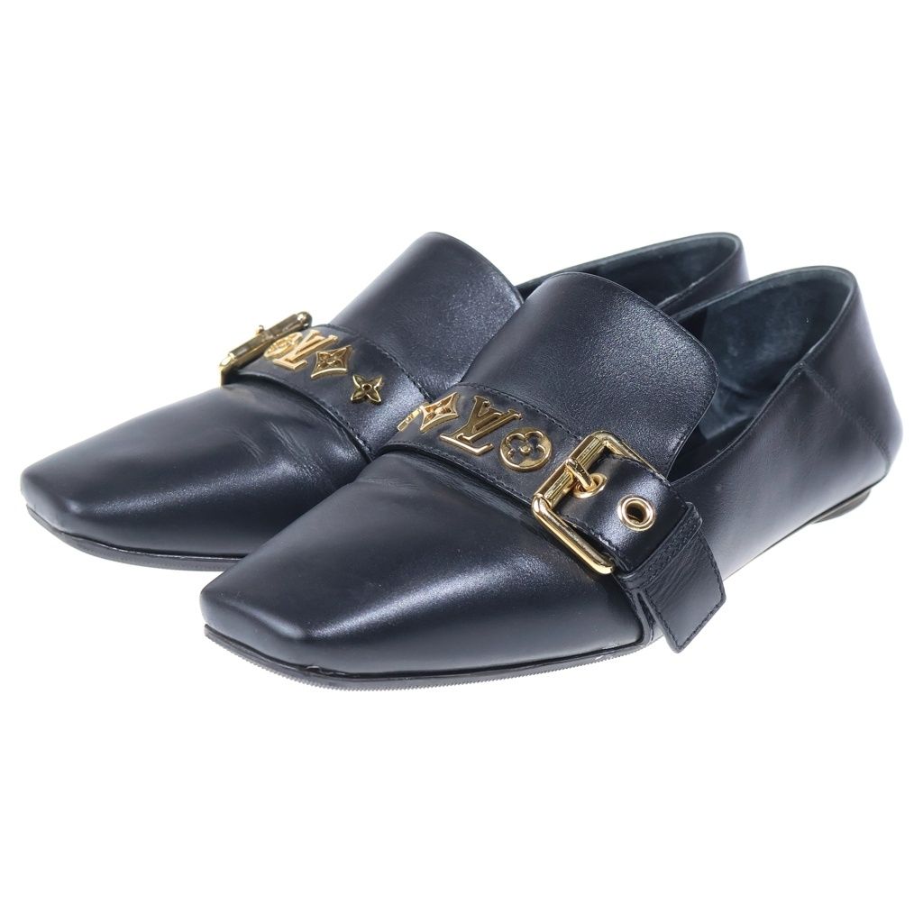 Louis Vuitton Logo Belt Leather Loafers Slip on Shoes Black — view 2