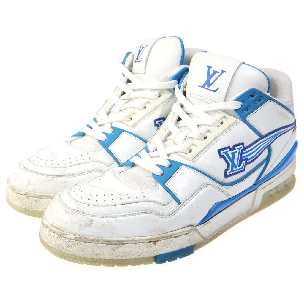 Louis Vuitton LV Trainers Line Leather High Cut Shoes Sneakers White Blue — view 2
