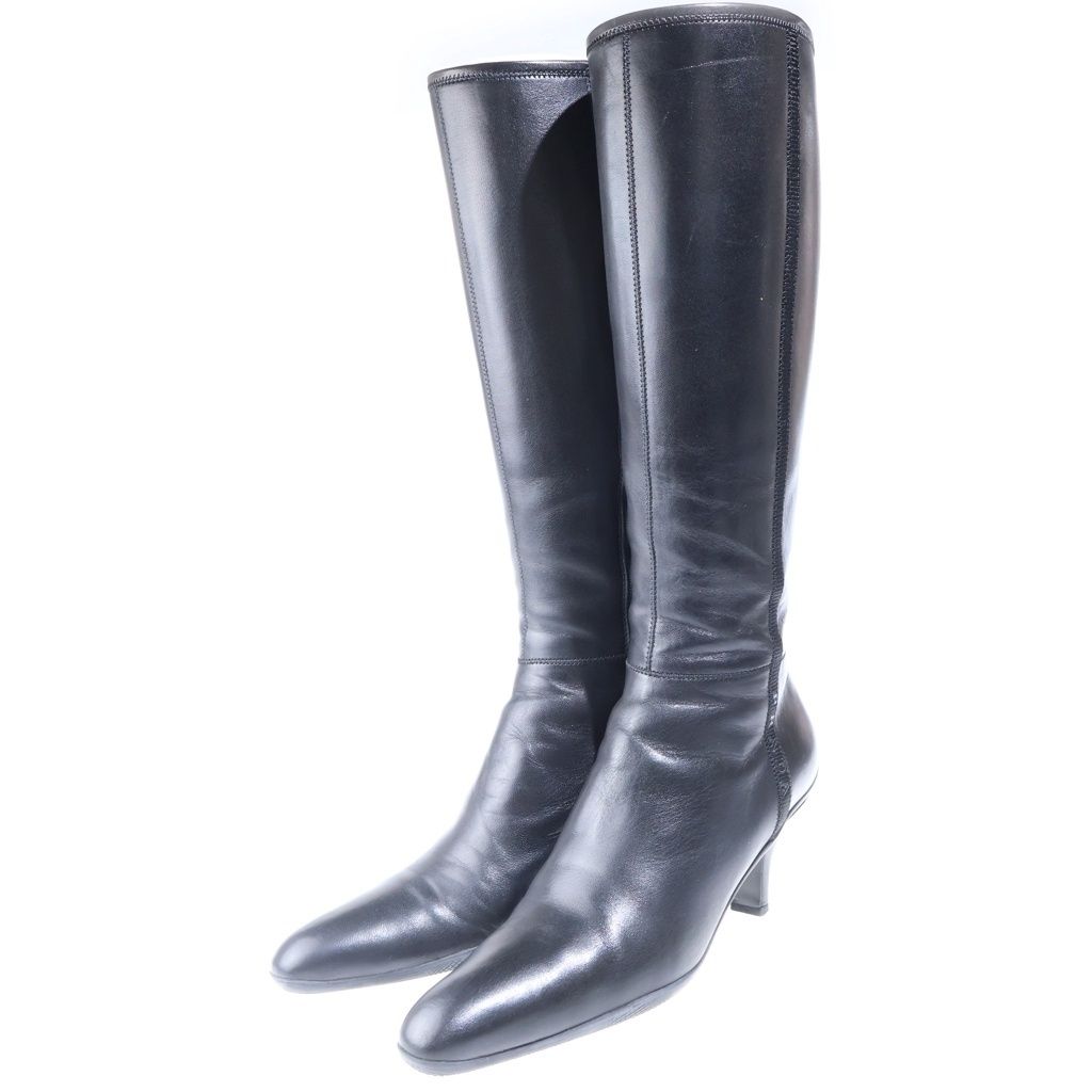 Prada Leather Logo Side Zip Heels Long Boots Shoes Black — view 2