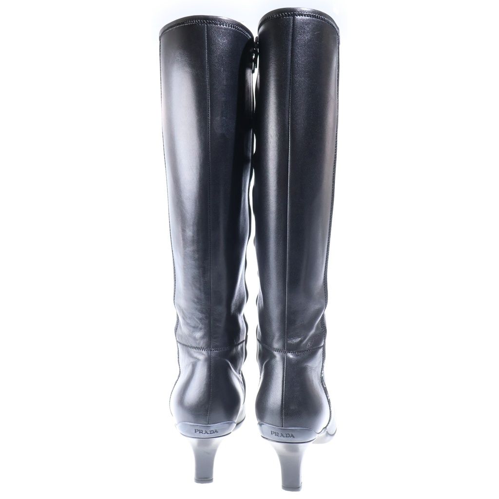 Prada Leather Logo Side Zip Heels Long Boots Shoes Black — view 3
