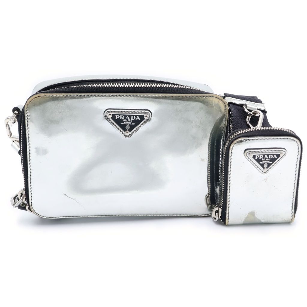 Prada Triangle Logo Brick Shoulder Bag Silver Leather