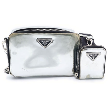 Prada Triangle Logo Brick Shoulder Bag Silver Leather