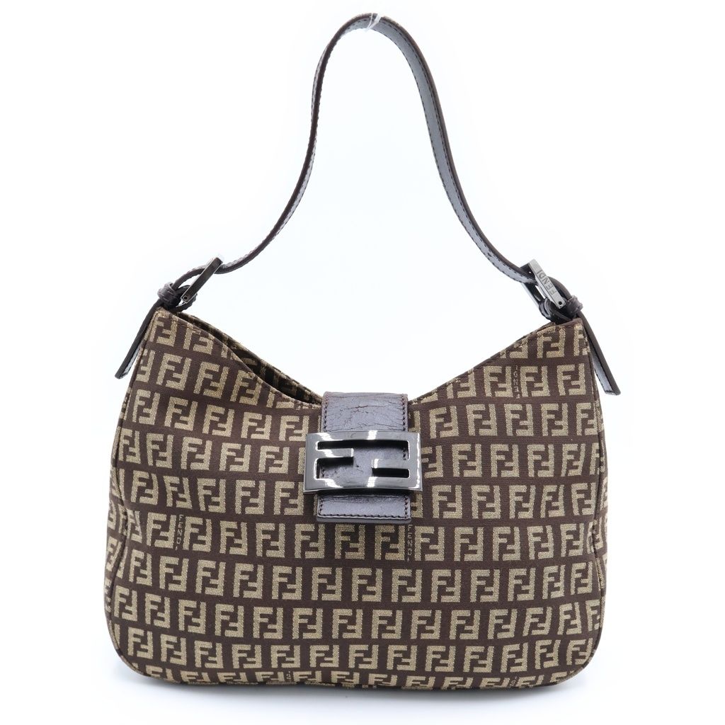 Fendi Zucchino Mamma Bucket Shoulder Bag Brown Canvas Leather Silver