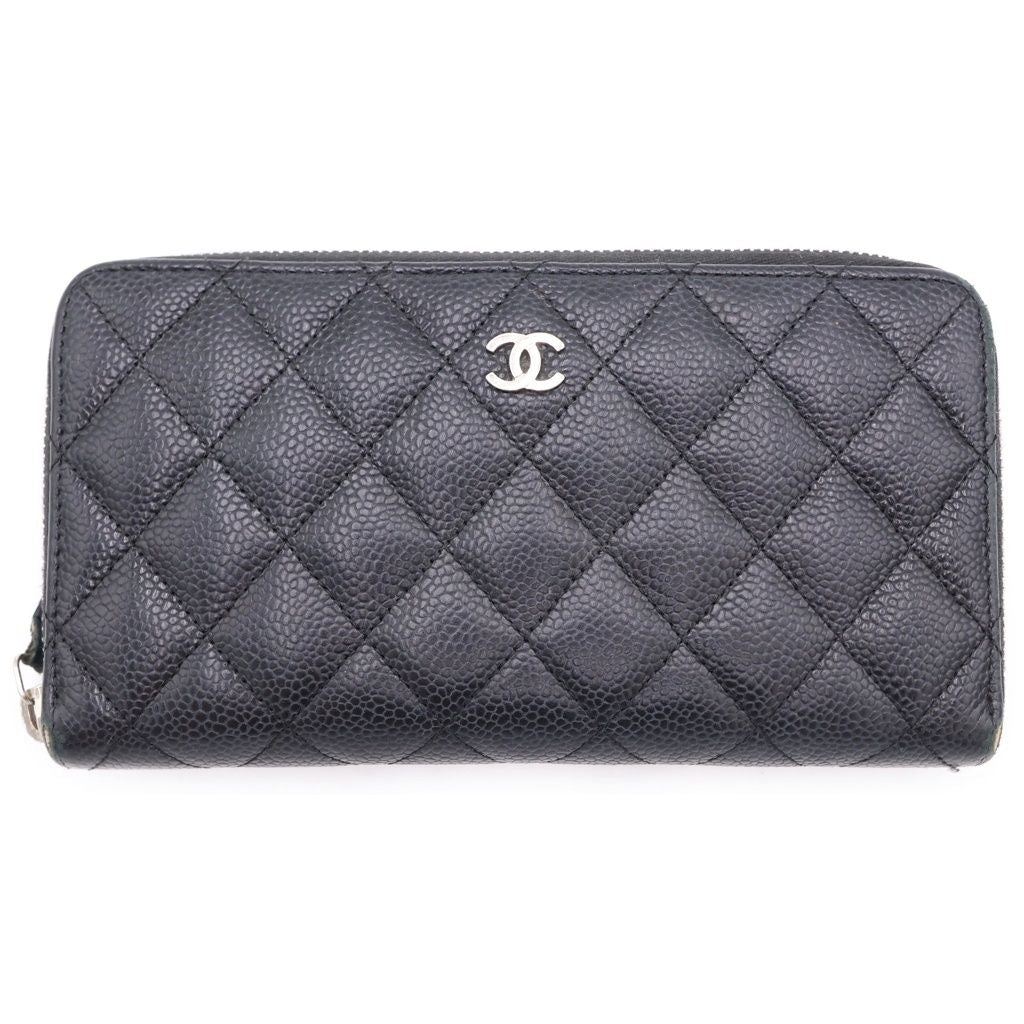 Chanel Quilted Zip Around Wallet Card Case Black Caviar Leather Silver