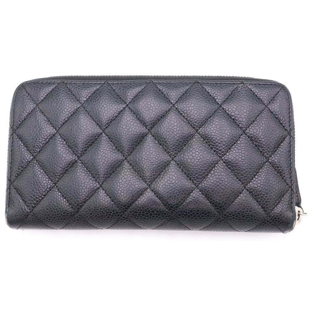 Chanel Quilted Zip Around Wallet Card Case Black Caviar Leather Silver — view 2