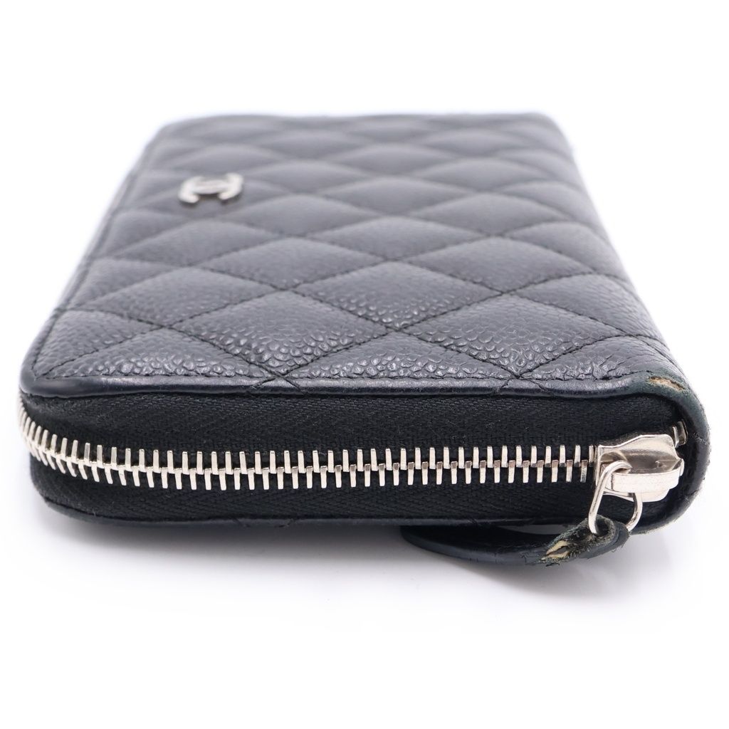Chanel Quilted Zip Around Wallet Card Case Black Caviar Leather Silver — view 3