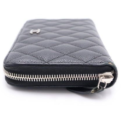 Chanel Quilted Zip Around Wallet Card Case Black Caviar Leather Silver — view 3