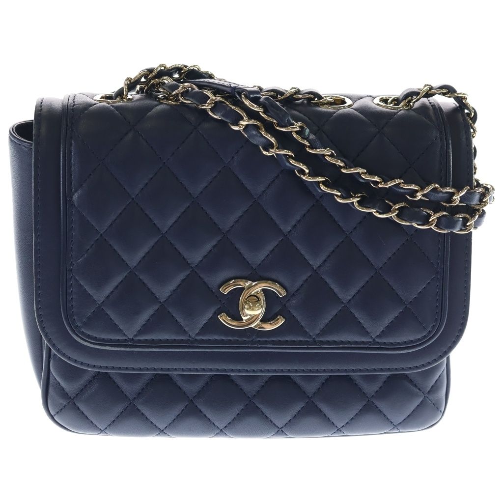 Chanel Quilted Lambskin Leather Chain Shoulder Bag Navy Gold