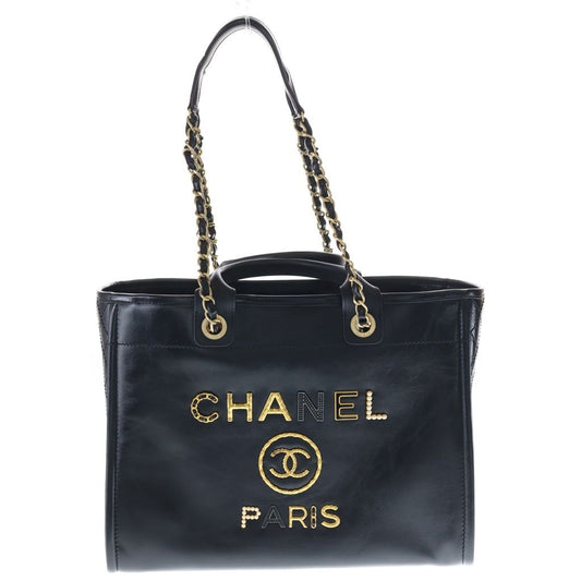 Chanel Deauville MM CC Logo Leather Chain Shoulder Tote Gold Black