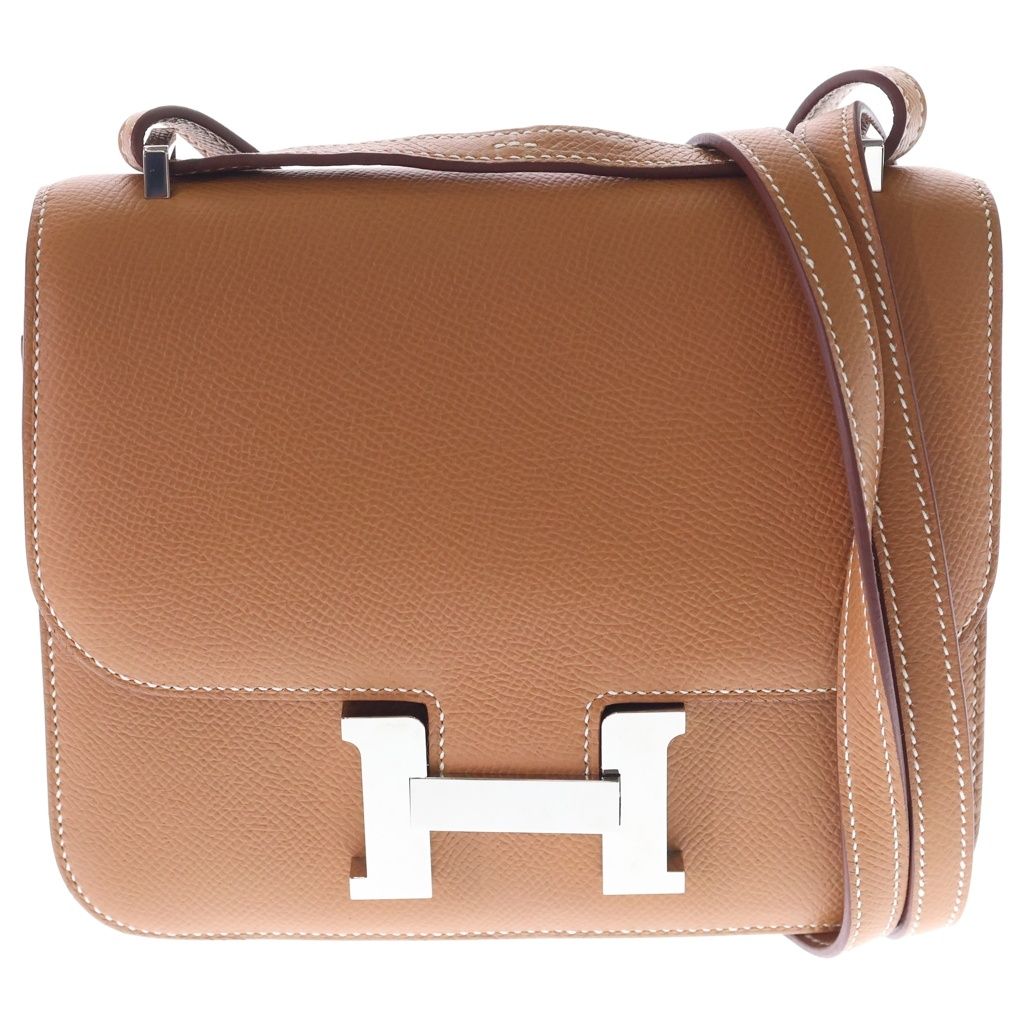 Hermes Constance Mini Logo Gold Epsom Leather Shoulder Bag Silver Brown