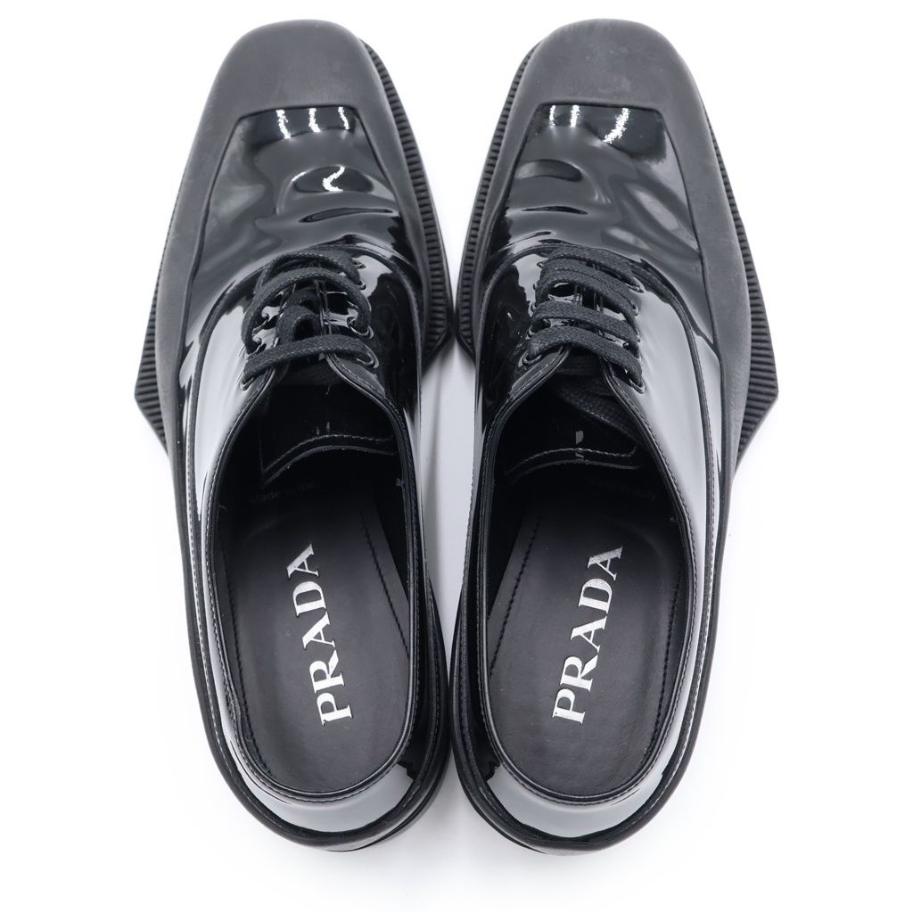 Prada Square Toe Rubber Sole Leather Derby Shoes Black — view 4