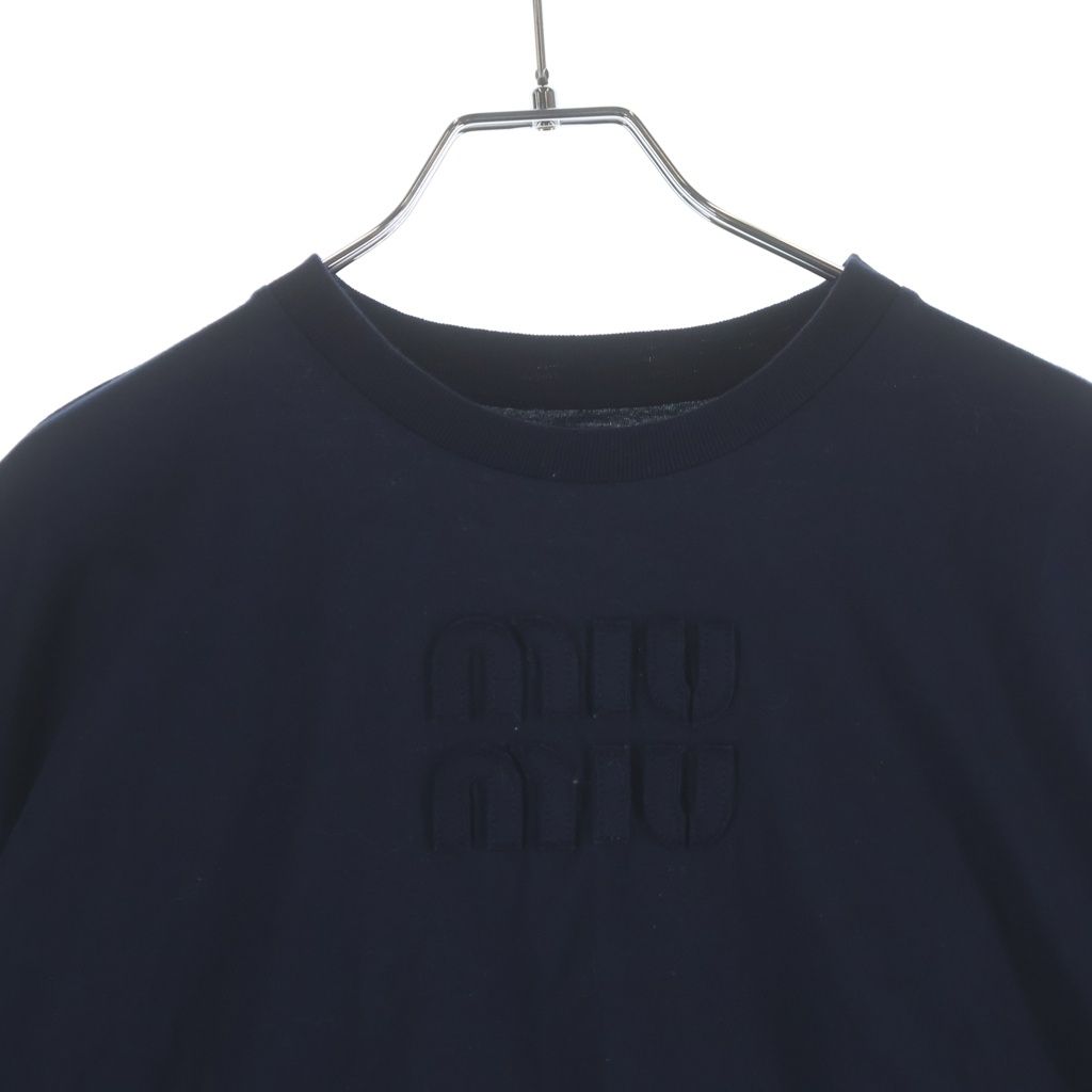 Miu Miu Cropped Jersey T-Shirt Short Sleeve Top Navy — view 3