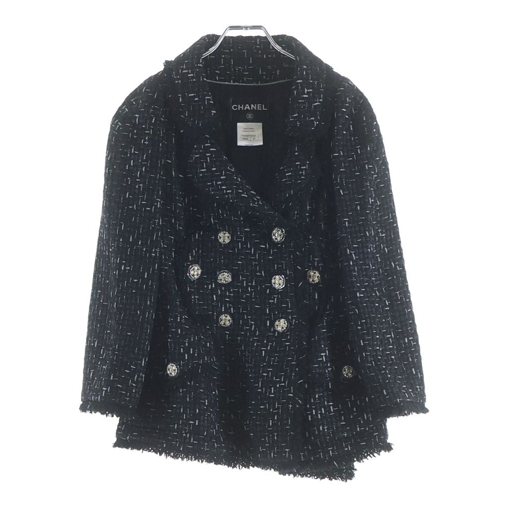 Chanel Logo Tweed Gripoix Button Double Breasted Jacket Black