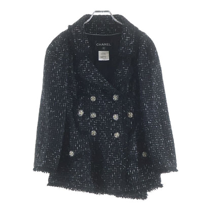 Chanel Logo Tweed Gripoix Button Double Breasted Jacket Black