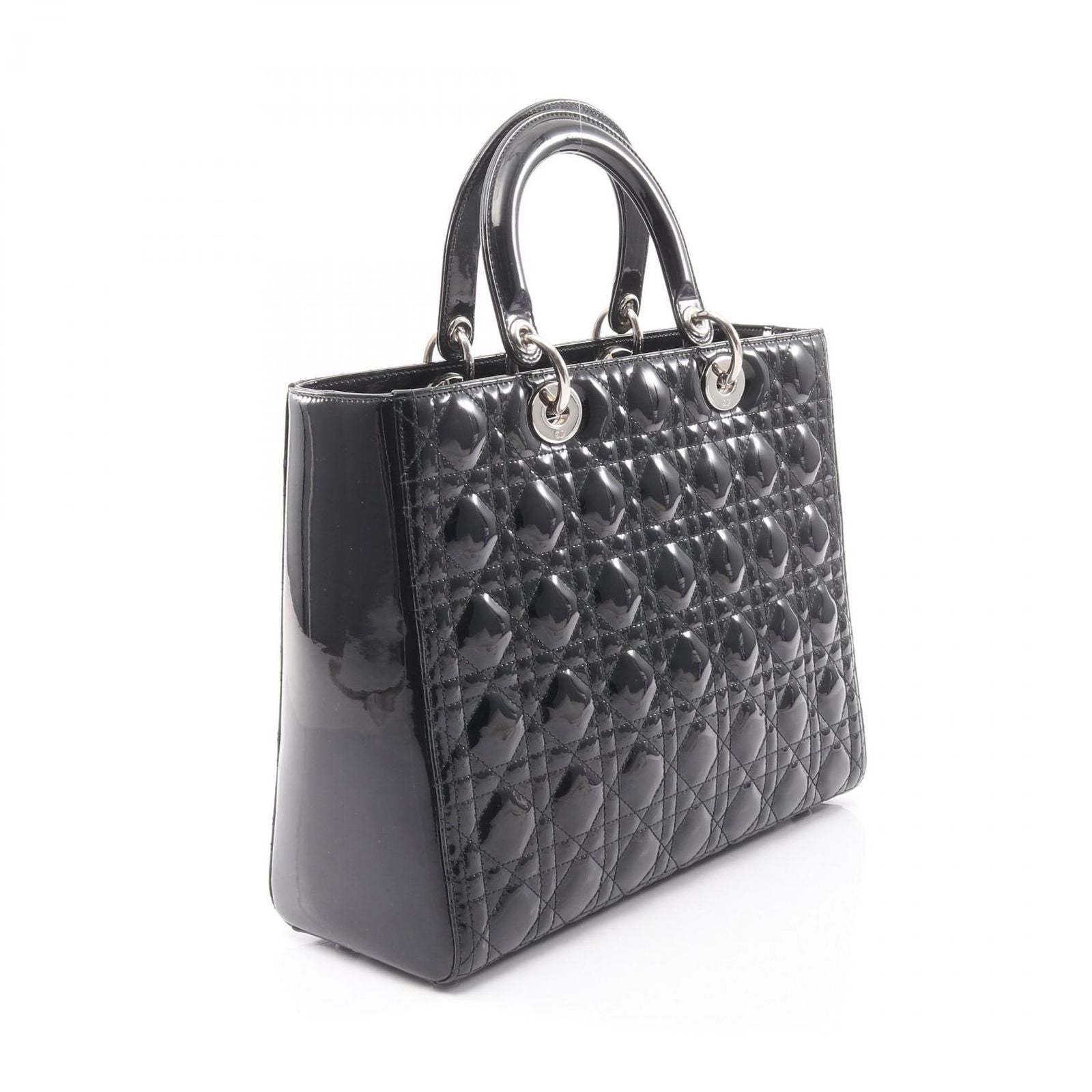 Dior Dio Handbag Ladydio Cannage Black Patent Leather 2-Way Tote — view 2