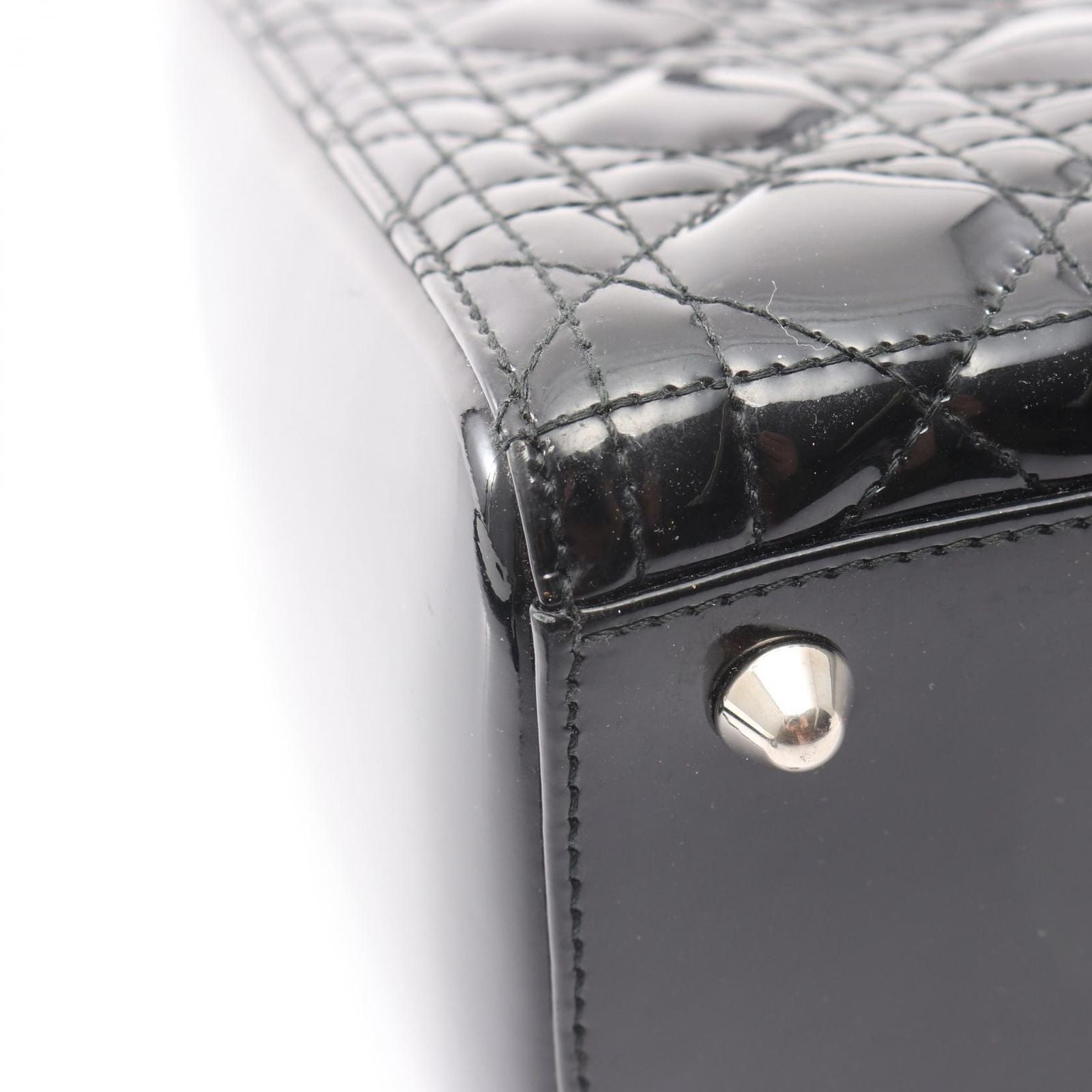 Dior Dio Handbag Ladydio Cannage Black Patent Leather 2-Way Tote — view 9