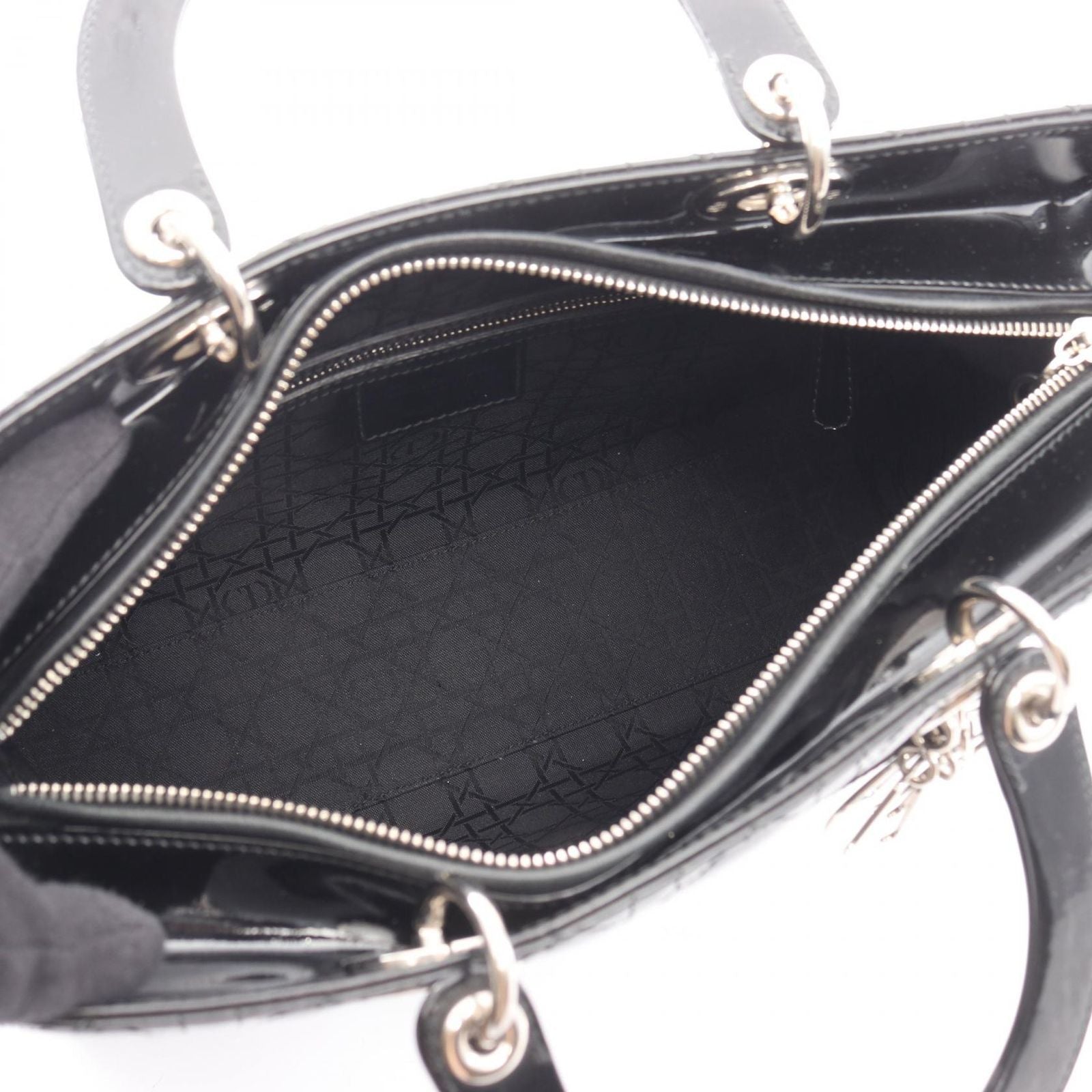 Dior Dio Handbag Ladydio Cannage Black Patent Leather 2-Way Tote — view 3